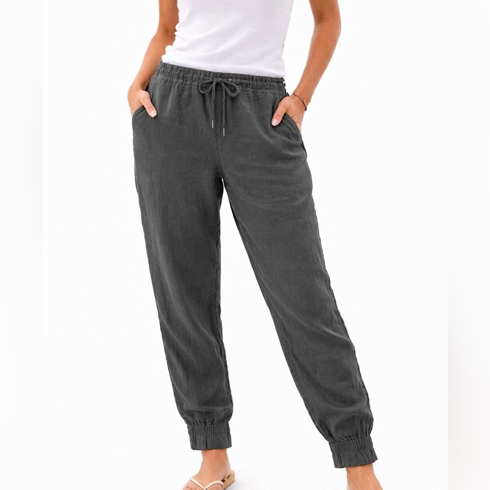 Wrap London Linen Jogger Pants Elastic Waist Charcoal Gray Size US 14